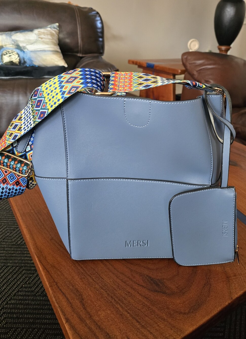 Mersi Blue Leather Crossbody Tote with Colorful Strap